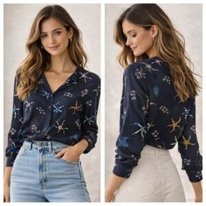 Nice Things by Paloma S. Navy Printed Button-Front Blouse Size 2 38028